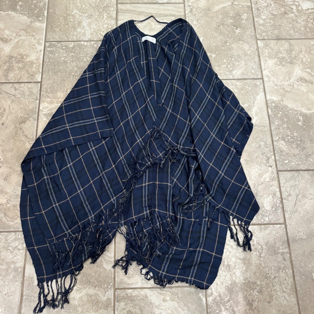 Abercrombie & Fitch‎ Navy Blue Plaid Poncho Wrap Fringe Trim One Size